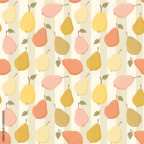Hand drawn sweet pear seamless pattern on muted striped background