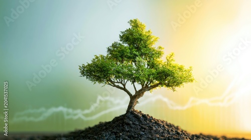 Vibrant green tree sprouts from rich soil, light and growth