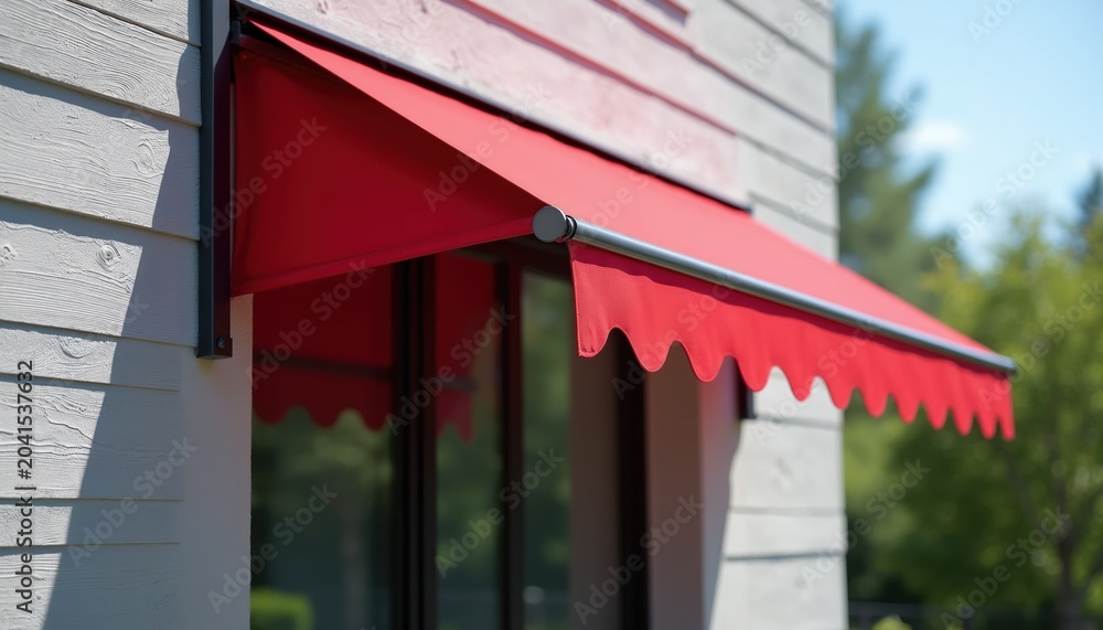 Naklejka premium Red fabric awning extends over window offering shade from sun. Building exterior has white wood siding. Modern house facade with outdoor cover provides protection. Sunny day.