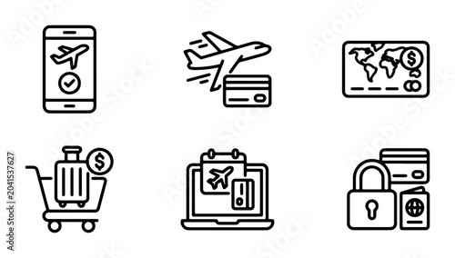 Travel Icons Set: Airplane Booking, Credit Card Payment, Shopping Cart, World Map, Calendar, Security Lock, Passport, Digital Finance, Online Reservation, Global Journey