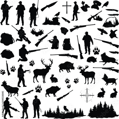 Wilderness hunting silhouette elements and forest animal vector background pattern