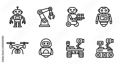 Schilderij op canvas Robot Icons Set, Futuristic Android and Automation Machine Graphics, AI Technolo