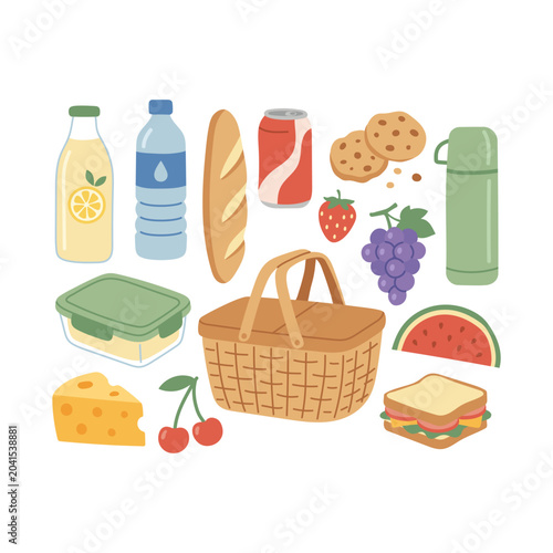 Minimal summer picnic flat set with basket, food and drinks. Clean and modern collection with essential outdoor items. Ideal for branding, packaging, posters, stickers and seasonal design projects.