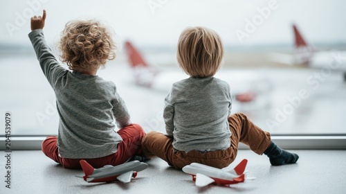 Two children sit on floor, watching airplanes through large window
