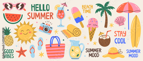 Trendy summer flat icon set featuring beach elements, tropical fruits, refreshing drinks, and vacation accessories. Colorful vector collection including sun, watermelon, pineapple, cocktail, ice cream