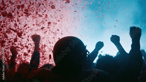 Jubilant crowd with arms raised in celebration, showered by red and blue confetti