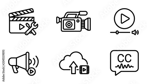 Foto Video Production Icons Set, Film Making Tools, Media Playback Controls, Audio Se
