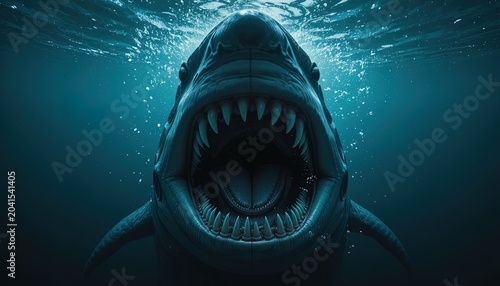 Underwater View of an Enormous Shark with Open Jaws Revealing Rows of Sharp Teeth, Menacing Creature in the Deep Ocean