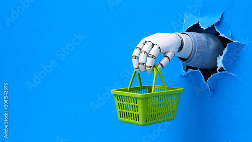 Robotic hand holding green shopping basket through blue paper hole, AI e-commerce and automated retail concept, futuristic digital consumerism