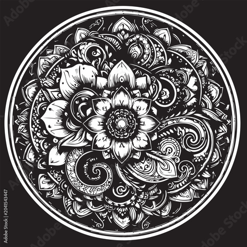 Elegant Mehndi Henna Design in Black and White Traditional Line Art Illustration