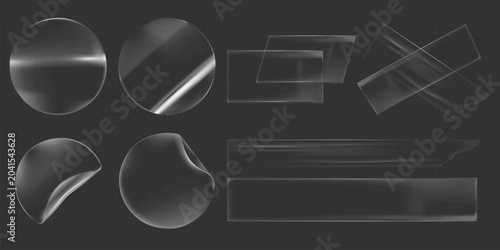 Vector illustration of transparent adhesive tape pieces in various shapes on a dark background.