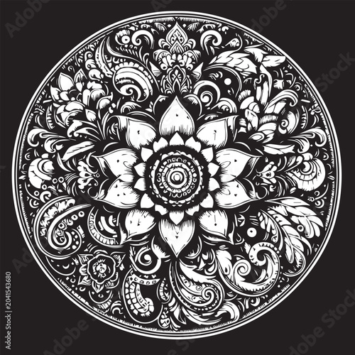 Elegant Mehndi Henna Design in Black and White Traditional Line Art Illustration