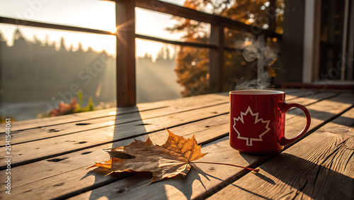 Cozy autumn morning on a wooden deck with a steaming mug featuring the Canadian flag and a fallen maple leaf at sunrise