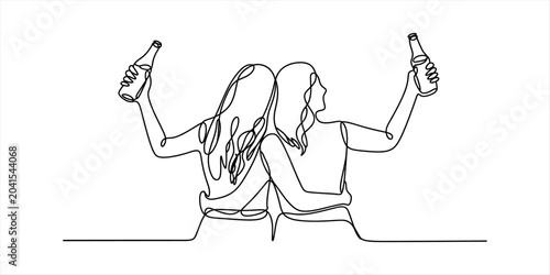 Konstfotografi Two friends holding up beer bottles, continuous line art drawing Vector, illustr