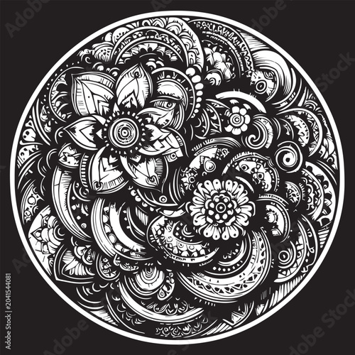 Elegant Mehndi Henna Design in Black and White Traditional Line Art Illustration