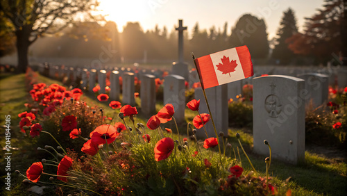 Canadian flag and red poppies at a military cemetery during sunset
