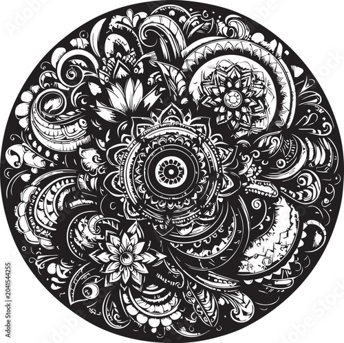 Elegant Mehndi Henna Design in Black and White Traditional Line Art Illustration