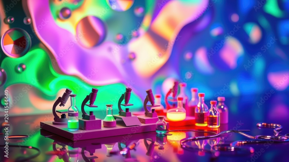 Fototapeta premium Colorful lab setup. Microscopes, beakers, vials present. Bright reflections, vibrant background create surreal scene. Science, research focus.