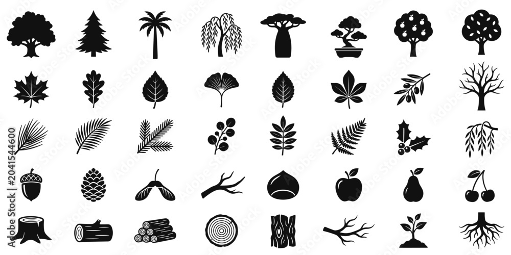 Fototapeta premium Tree and plant icon set with various tree types, leaves, branches, fruits, seeds, stumps
