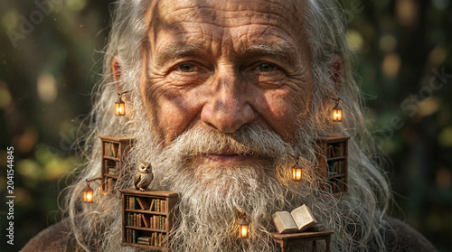 Wise Elderly Man with Magical Bookshelf Beard and Owl in Forest
