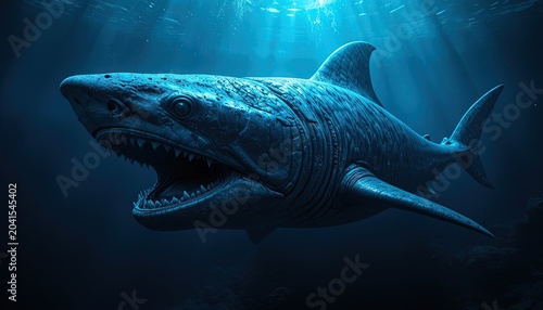 Enigmatic Deep Sea Predator: Detailed Illustration of a Powerful Shark in the Ocean Depths