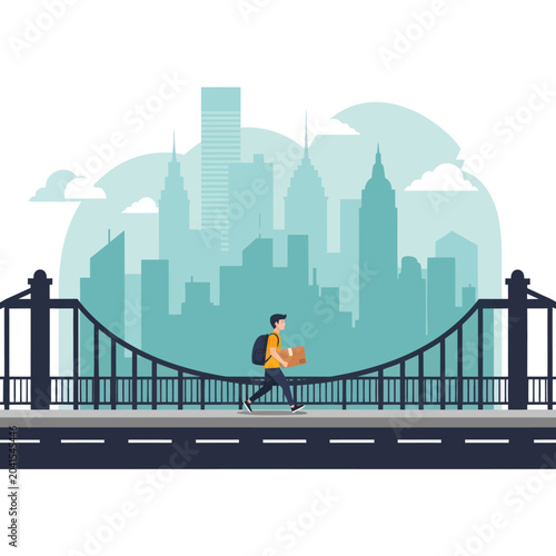 Tableau sur toile Man walking across bridge with backpack and food delivery bag.