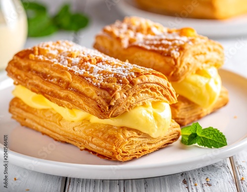 Golden Puff Pastry Dessert Filled with Vanilla Cream on White Plate