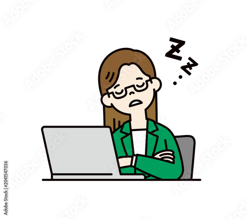 Slika na platnu パソコンの前に座ってうとうと居眠りをする、若い女性・キャリアウーマンのベクターイラスト素材