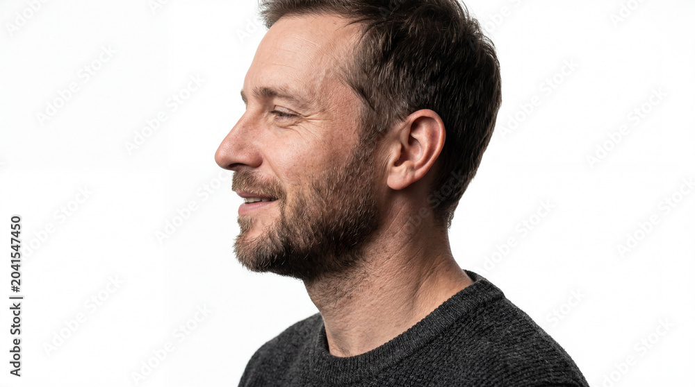 Fototapeta premium Side Profile of a Happy Caucasian Man in His 40s with Stubble Beard, Smiling and Looking Away Isolated on a Pure White Studio Background