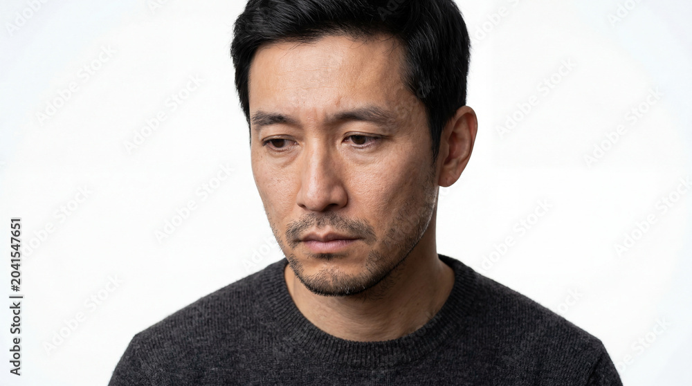 Obraz premium Close-up Portrait of a Sad Asian Man Looking Down with a Worried and Depressed Expression, Studio Headshot Against a Plain White Background