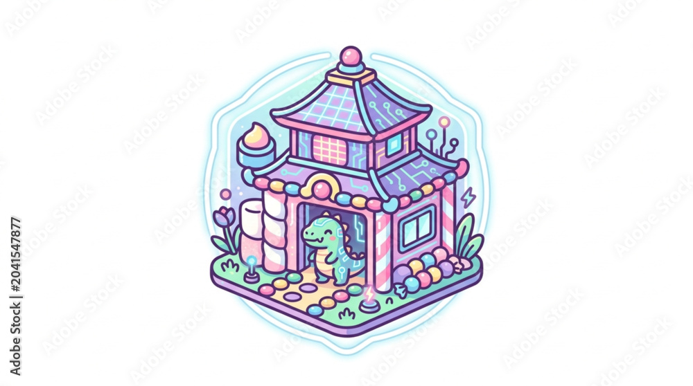 Obraz premium Cute Dinosaur Inside a Pastel Pagoda Building Illustration.