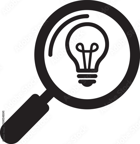 Magnifying glass and light bulb icon for idea search vector