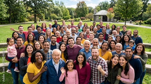 Multi-generational family gathered outdoors in park, smiling, diverse group