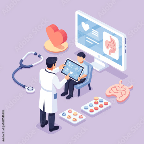 A doctor consults with a patient about their health using a digital tablet