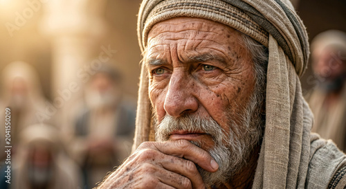Biblical scene with apostle Peter and John speaking to religious leaders and priests. Apostles answering before elders about their faith. Historical reenactment of the Acts of Apostles