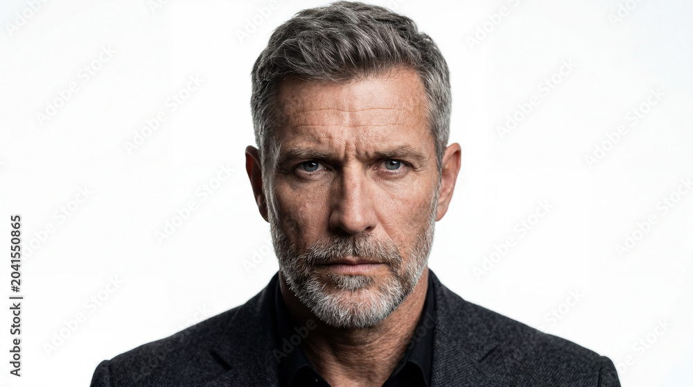 Obraz premium Portrait of a Mature Confident Man with Grey Salt and Pepper Hair and Beard in Charcoal Blazer, Serious Expression, Studio Headshot on White Background