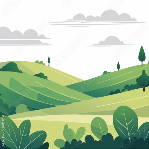 Stylized Green Rolling Hills Landscape with Clouds