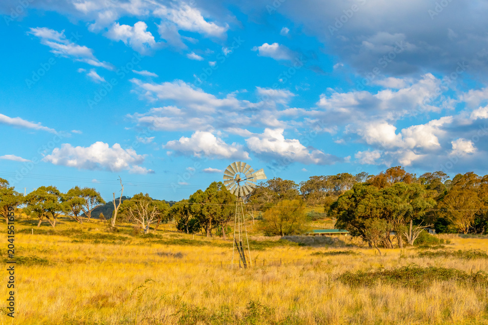 Fototapeta premium Snowy Monaro Region countryside under a blue Summer sky with clouds
