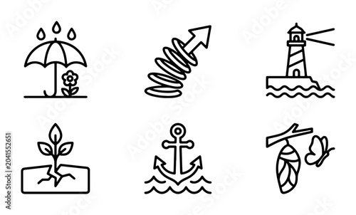 Photography Set of 6 Business Icons: Growth, Protection, Guidance, Resilience, Stability, Transformation