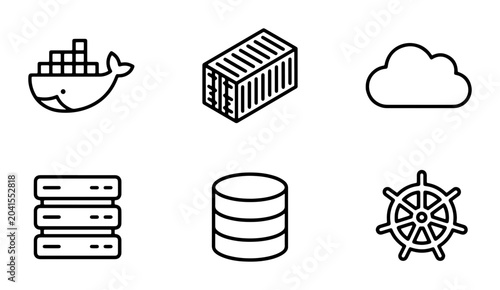 Fotografia Technology Icons Set: Docker Whale, Shipping Container, Cloud, Servers, Database