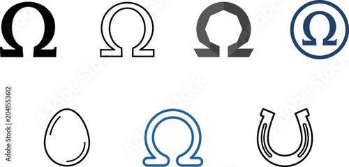 Photography Omega Greek Letter Icon Set with Horseshoe and Egg Symbol Variations for Science