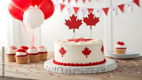 Canada Day celebration cake with maple leaf toppers, cupcakes, and red and white balloons on a wooden table
