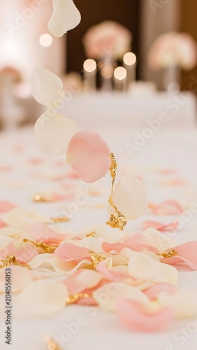 Falling Pink and White Rose Petals with Gold Accents for Wedding Celebration