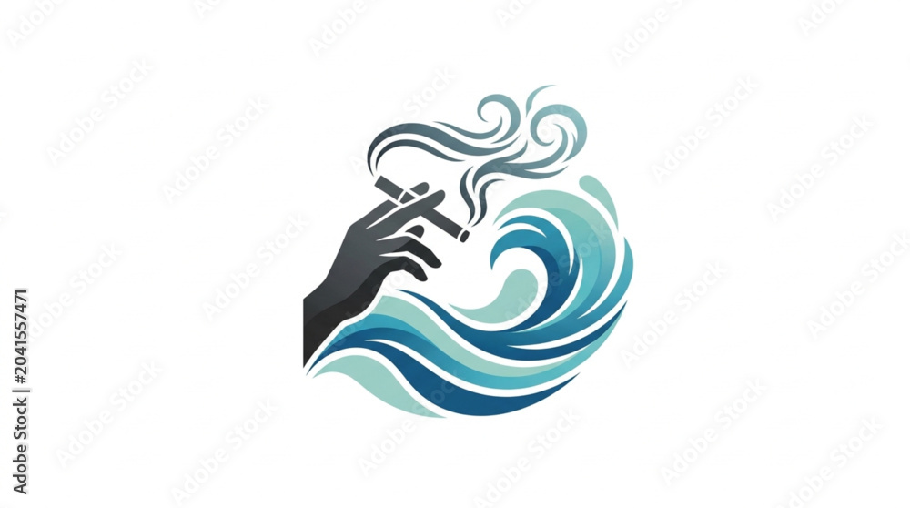Obraz premium Hand holding cigarette with smoke forming ocean waves.
