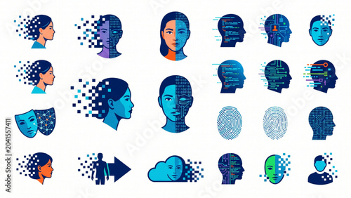 Faces Dissolving into Pixels with Code Identities and Digital Transformation Conceptual Vector Symbol Set