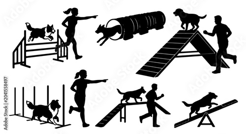 Foto Dog Agility Training Silhouettes, Canine Sports Set, Pet Obedience Course Elemen