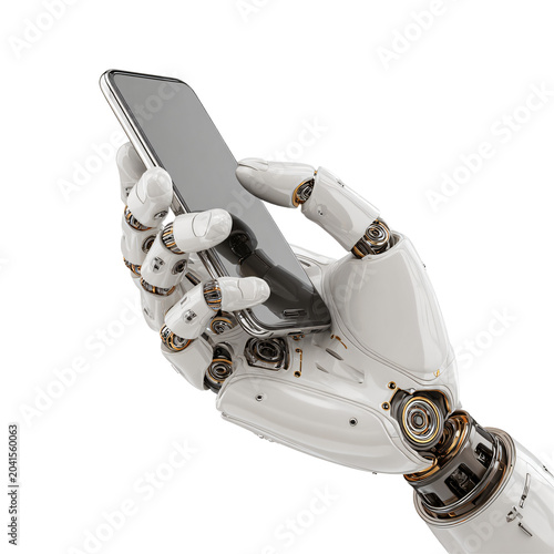 Professional Robot Hand Holding Smartphone Transparent Background Usage