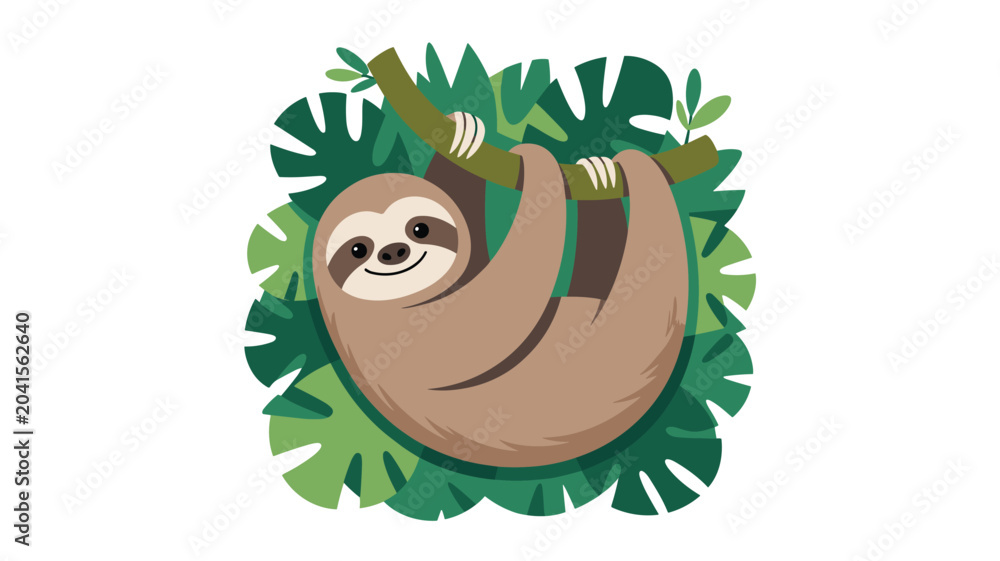 Obraz premium Cute cartoon illustration of a happy sloth hanging from a tree branch surrounded by lush green tropical leaves.