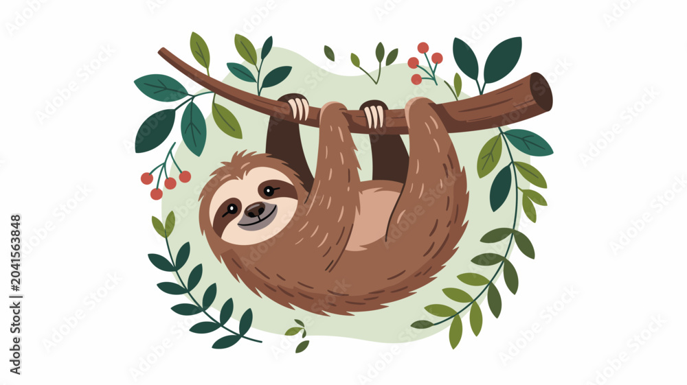Obraz premium Cute brown sloth hanging from a tree branch surrounded by green leaves and red berries in a peaceful forest setting.