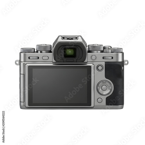 Digital mirrorless camera on transparent background showing back with screen and controls.